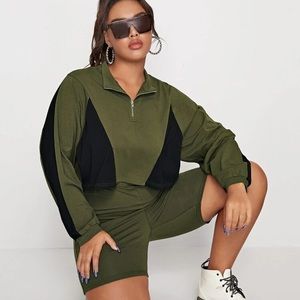 Plus Two Tone Zip Half Placket Sweatshirt and Biker Shorts Set